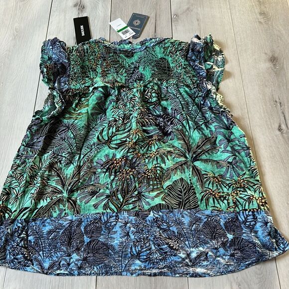 DEMOCRACY BUTTON UP MULTI PRINT TOP GREEN MULTI L NWT - Picture 5 of 5